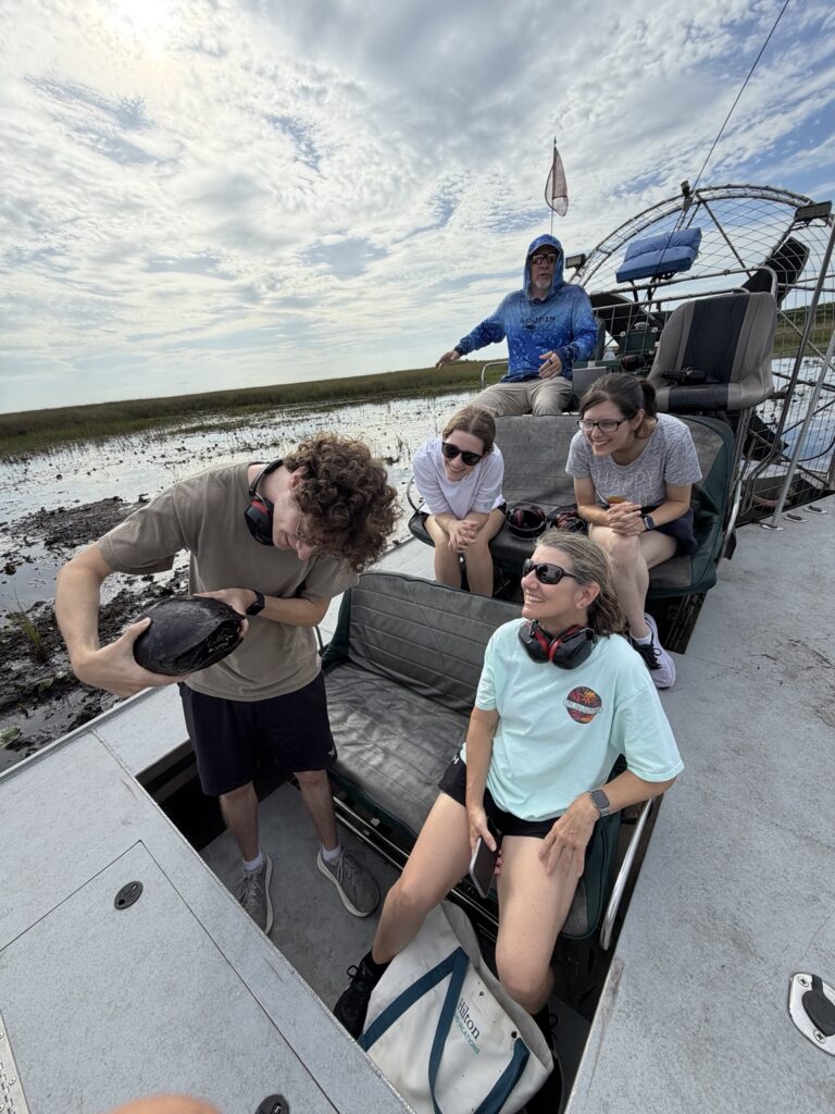 Airboat guests gathered around a turtle with a captain behind them