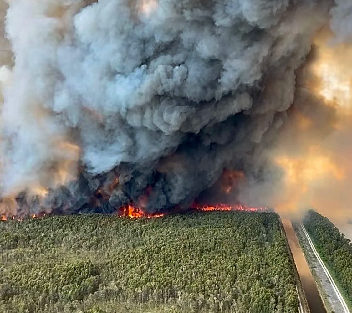Flames and a towering smoke plume rising over Everglades sawgrass during the June 2026 wildfires